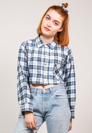 VINTAGE 90'S BLUE CHECK FLANNEL CROPPED SHIRT