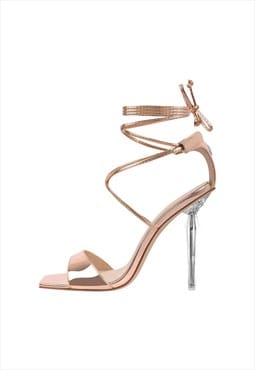 Square Toe Lace-up Clear Heel Sandals