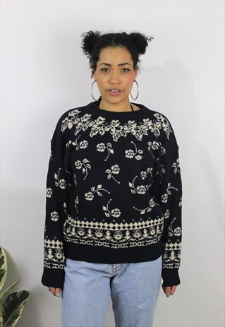 VINTAGE 1990S NAVY & CREAM FLORAL KNITTED JUMPER
