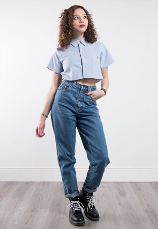 90'S BLUE SHORT SLEEVE RALPH LAUREN CROPPED SHIRT