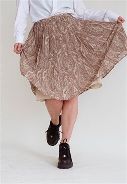 Vintage 80s Paisley Detail Elastic Pleated Midi Brown Skirt 