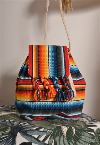 VINTAGE 80S DRAWSTRING RAINBOW HIPPY WOVEN BAG