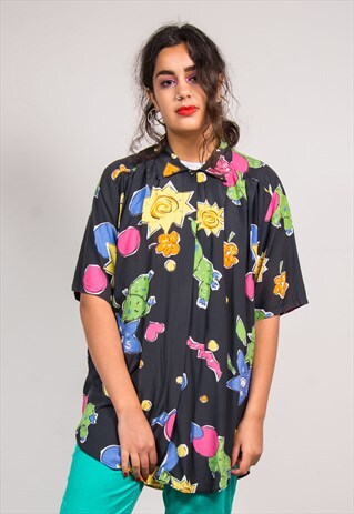 RETRO 90'S BLACK CRAZY CACTUS PATTERN FESTIVAL SHIRT