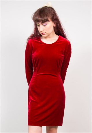 VINTAGE 90'S RED VELVET LONG SLEEVE SLIM MINI DRESS