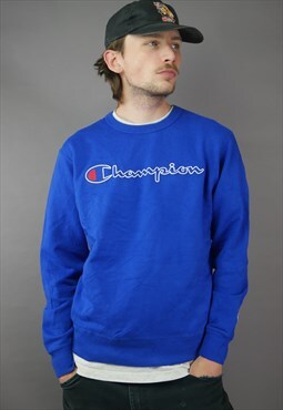 Vintage Champion Spell Out Sweater in Blue with Logo