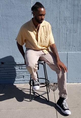 90S MINIMALIST LUXURY YELLOW SILK CAMP SHIRT MEDIUM