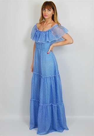 VINTAGE 70S RUFFLE TIERED BLUE HIPPY FESTIVAL MAXI DRESS