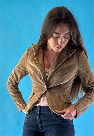 VINTAGE Y2K 2000S BEIGE CORD BLAZER JACKET