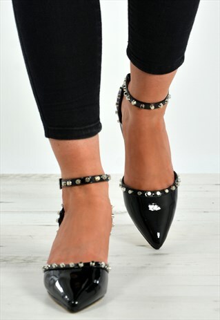BLACK PU SPIKE BIKER STUDDED LOW BLOCK HEEL PUMPS SHOES