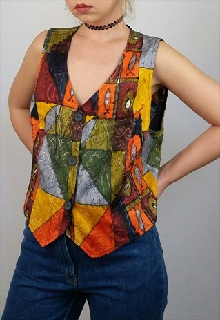 VINTAGE 70'S BOHO CHIC FESTIVAL ART PRINT VEST TOP