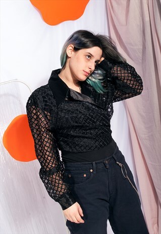 VINTAGE SEE-THROUGH BLOUSE 80S GLAM SHEER WRAP CROP TOP