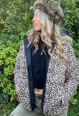GUESS cheetah print puffer coat with hood.