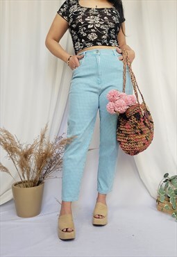 90s retro blue checked straight high waist casual pants