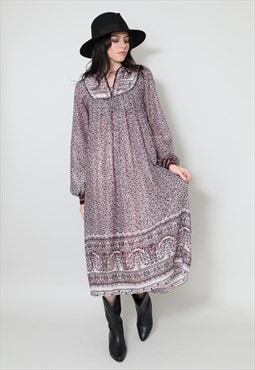 70's Vintage Dress Indian Cotton Purple Floral Lurex Midi