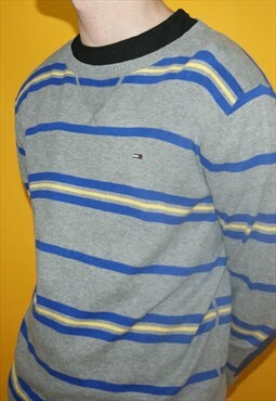 Vintage Y2K Tommy Hilfiger Grey Stripe Jumper Sweatshirt, M
