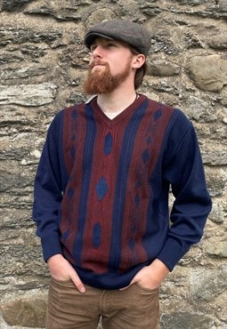 00s Vintage Sangan Grandad Jumper Blue Red Knit Pattern