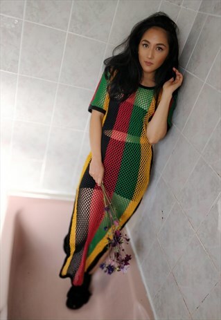 RASTA FESTIVAL MULTICOLOUR MESH FISHNET STRING T-SHIRT DRESS