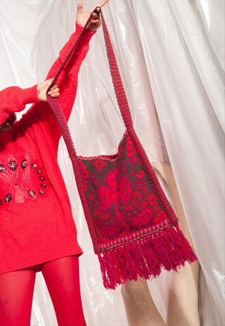 VINTAGE BOHO BAG 70S HIPPIE FRINGE WOVEN FOLK SHOULDER BAG