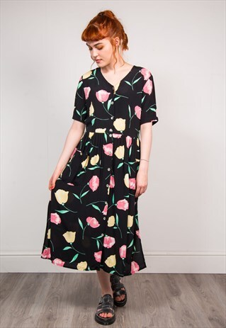90'S VINTAGE BLACK FORAL PATTERN MIDI SUMMER DRESS