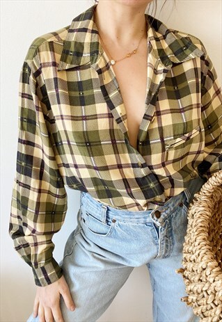 VINTAGE 90S PRAIRIE TARTAN CHECKED OVERSIZE SHIRT TOP BLOUSE