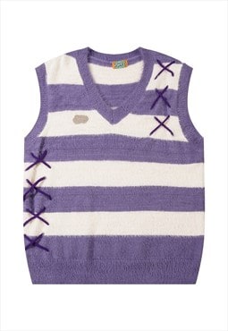 Striped sleeveless sweater color block knitted gilet purple