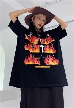 Burning cross print tee graffiti flame grunge t-shirt black