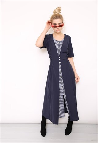 VINTAGE 80S NAVY GINGHAM BUTTON MIDI DRESS