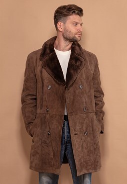 Vintage 90's Men Brown Suede Coat with Shearling Collar