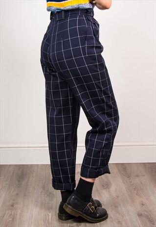 VINTAGE 90'S NAVY BLUE CHECKED HIGH WAIST TROUSERS