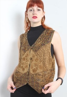 Vintage 90's Boho Hippy Embroidered Waistcoat Brown
