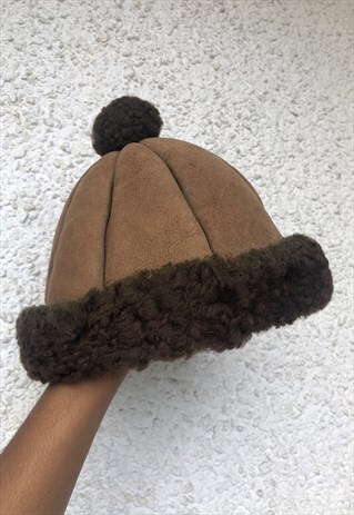 70S VINTAGE BROWN SHEARLING BOBBLE HAT
