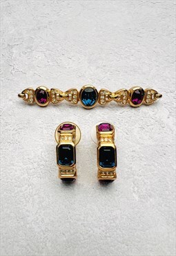 Christian Dior Hoop Earrings and Brooch Set Gold Gemstone