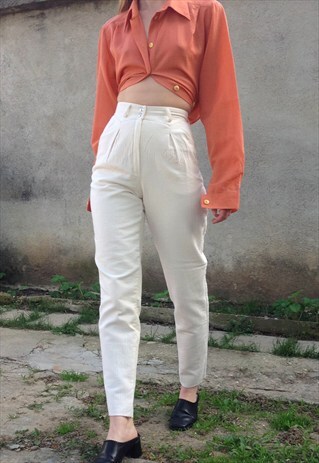 80S COTTON IVORY WHITE HIGH WAISTED TROUSERS