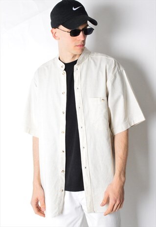 VINTAGE 90S BEIGE MINIMALIST LINEN BLEND SHORT SLEEVE SHIRT