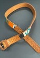 70'S VINTAGE LEATHER BROWN AZTEC FABRIC TOOLED BELT