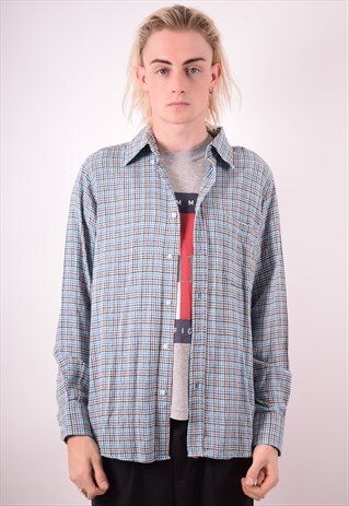 MENS VINTAGE FLANNEL SHIRT LARGE BLUE CHECK 90S