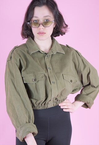 VINTAGE REWORKED CROP SHIRT IN KHAKI WITH SHOULDER DETAILS