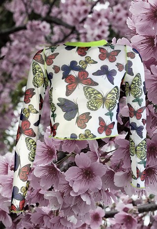 Y2K BUTTERFLY MESH TOP WITH CONTRAST STITCHING