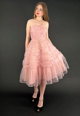 50's Pink Vintage Prom Style Ladies Sheer Baby Pink Dress
