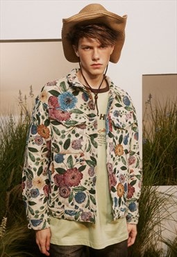 Floral denim jacket distress jean varsity flower print coat