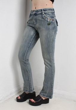 Vintage Y2K Low Rise Bejewelled Jeans Blue UK 10