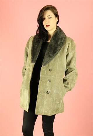 VINTAGE 70S SHEEPSKIN PEA COAT FAUX FUR COLLAR GREY GREEN