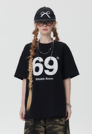 69 PRINT T-SHIRT DIGIT PATTERN TOP GRUNGE TEE IN BLACK