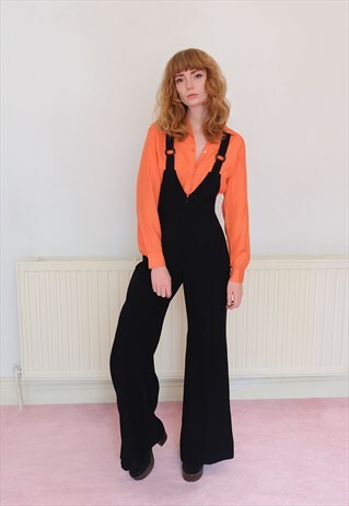 VINTAGE 60S ZIP DUNGAREES WIDE LEG JUMPSUIT IN BLACK