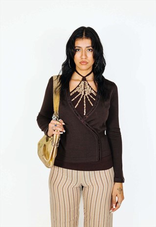 Vintage 00s Knitted Crossed Boho Cardigan With Sequins