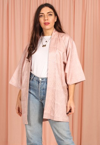 VINTAGE 80S SILK HAORI KIMONO IN METALLIC PINK