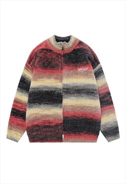 Horizontal stripe cardigan zip up knitted jumper fluffy top