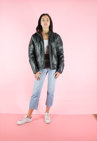 VINTAGE 90S LEATHER JACKET BOMBER Y2K BLACK OVERSIZED