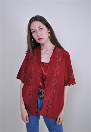 RED LACE SEXY BLOUSE, CINTAGE EVENING PARTY SHIRT
