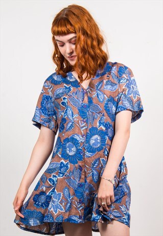 VINTAGE 90'S BROWN & BLUE FLORAL PATTERN DRESS